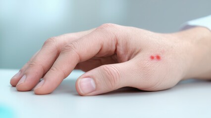 Hand with two small red puncture wounds showing a mild skin reaction