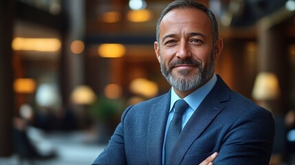 Fototapeta premium A confident businessman in a suit, smiling and posing in a modern office setting.