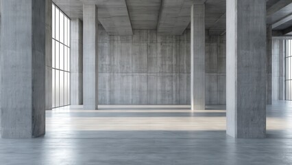 Modern concrete structure with large windows and repetitive pillars creating depth and perspective