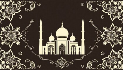 Elegant mosque silhouette surrounded by interlaced arabesque patterns in a symmetrical layout.
