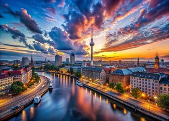 Fototapeta premium Surreal Sky Over Berlin: Dreamlike Cityscape at Dusk