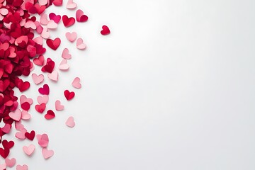 A heart-filled border of red and pink paper hearts on white .The Concept of Love. top view. Valentine's Day on a white background with small hearts. isolated on white background with copy space	