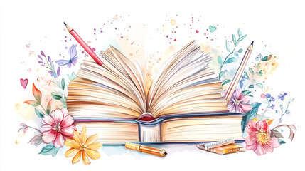 An open book surrounded by colorful watercolor glowing flowers and white background, with vibrant colors of pens, pencils, and abstract beautiful designs.