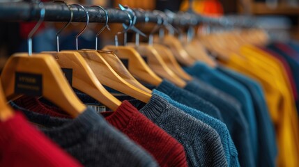 A Detailed Display of Cozy Sweaters Hanging Elegantly on Wooden Hangers in a Boutique Environment