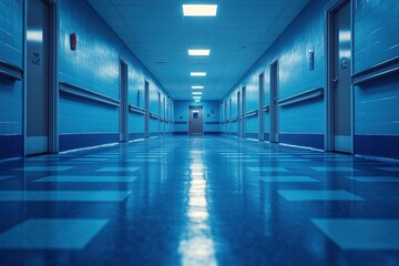 Fototapeta premium A long, blue-lit hospital corridor with doors on either side, reflecting a sterile and clinical environment.