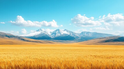 Fototapeta premium Golden wheat field under a clear sky with snow-capped mountains in the background.