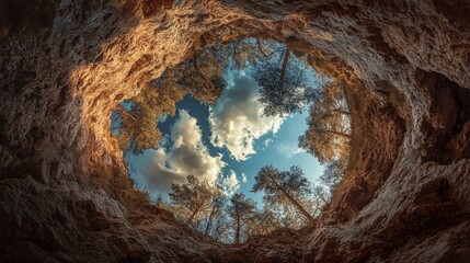 Sky view from cave opening, trees and clouds.