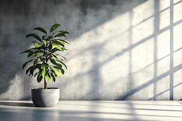 Contemporary indoor plant in a simple pot placed near a sunlit wall casting artistic shadows.