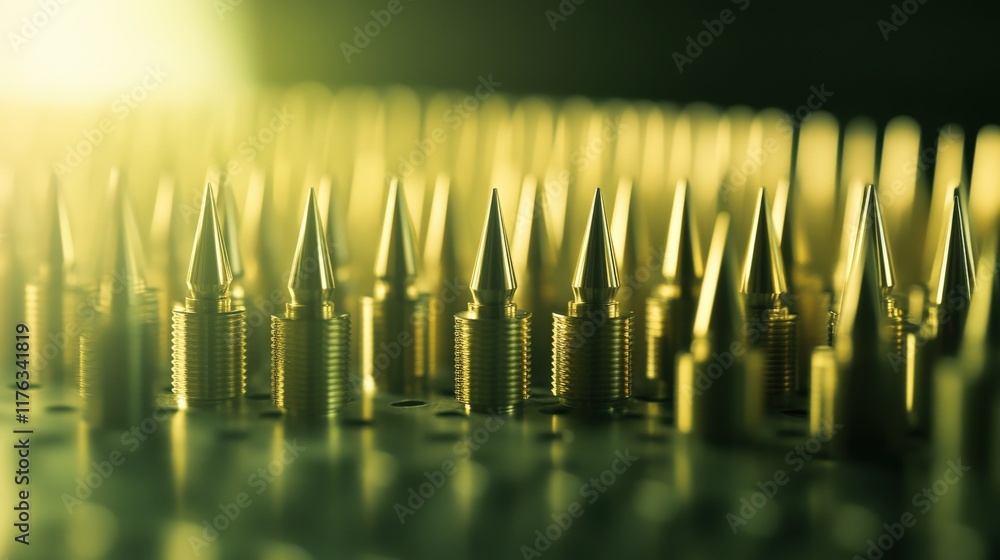 Poster close-up of sharp metallic conical objects glimmering in light with blurred background patterns, cre