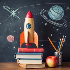 Rocket with Books and Blackboard, Space and Learning"
"Rocket and Books Concept"
"Educational Space Rocket"
"Books and Space Theme"
"Classroom Rocket Scene"
"Rocket for Learning Adventures