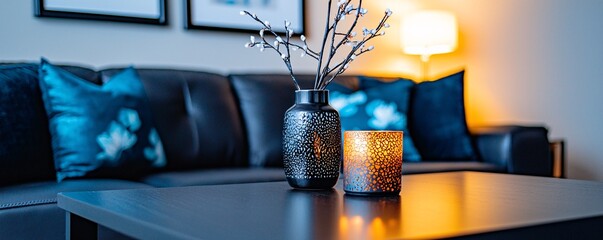 Cozy Living Room with Stylish Decor and Candlelight