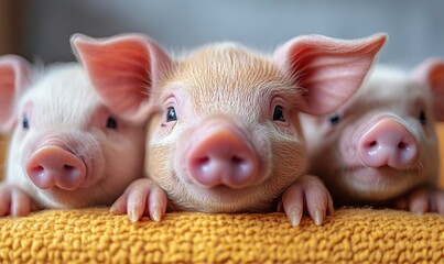 Three adorable piglets resting closely together, showcasing their playful and innocent nature.