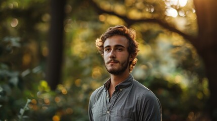 Obraz premium Young man standing in a lush green forest during golden hour with soft sunlight illuminating his features, creating a serene and peaceful atmosphere.