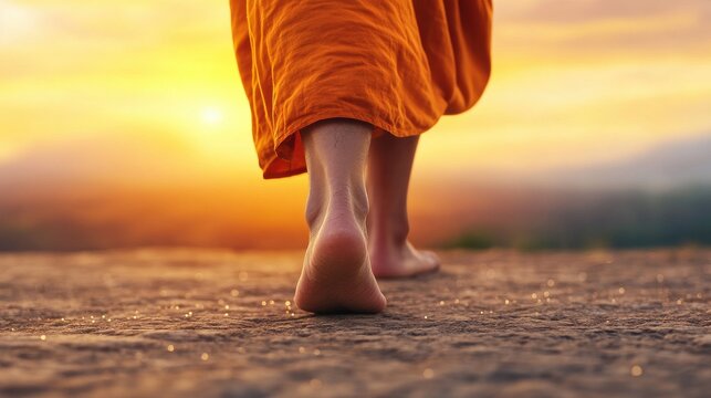 Bare feet of a monk walking. Making merit by giving alms according to the beliefs of Buddhism concept.