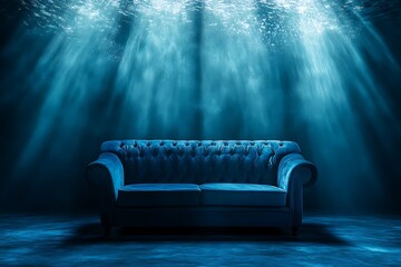 Stylish blue sofa surrounded by surreal underwater lighting in a creative visual setting.