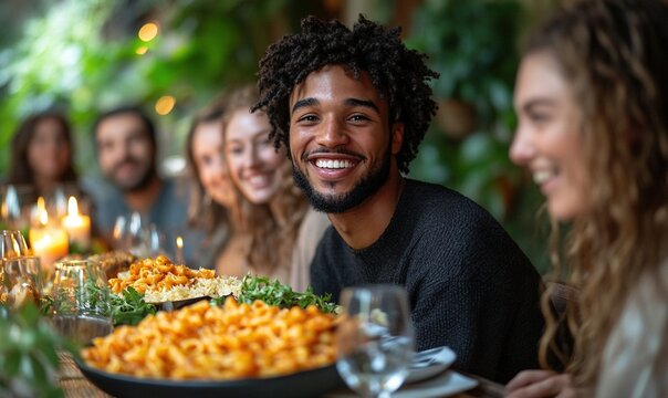 A joyful gathering with friends enjoying a meal, surrounded by greenery and candlelight.
