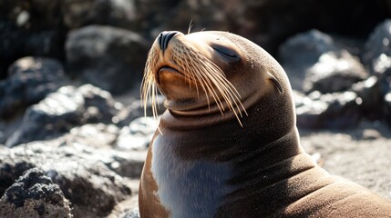 A close-up of a seal basking in the sun on rocky terrain.