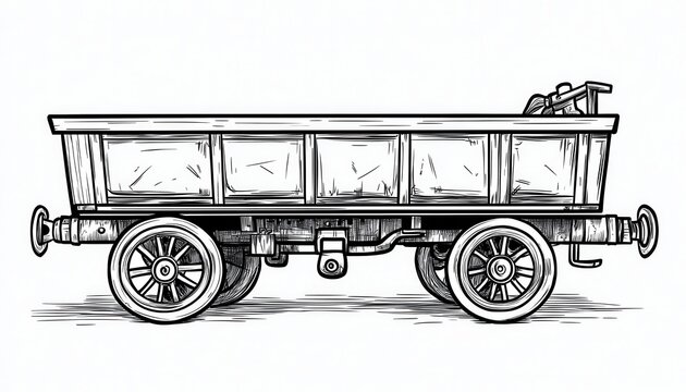 Vintage wooden mining cart or industrial trolley sketch. Perfect for historical illustrations mining themes or steampunk designs.