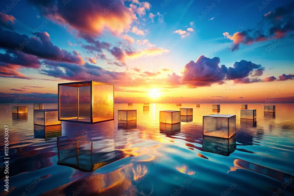 Wall mural Surreal Sunset: Floating Cubes Over Calm Water - 3D Abstract Art