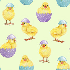 Easter mood cute yellow chicks with pastel color painted eggs seamless pattern. Hand drawn vintage style illustration. Perfect for Easter festive decor and spring themed crafts design