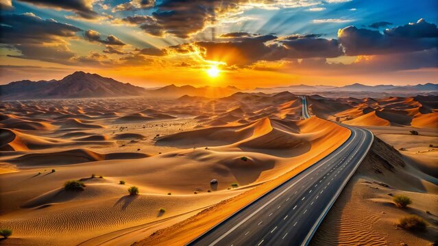 Surreal Sunset: Highway Through Badr, Madinah Sand Dunes