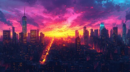 Fototapeta premium Vibrant sunset over illuminated city skyline.