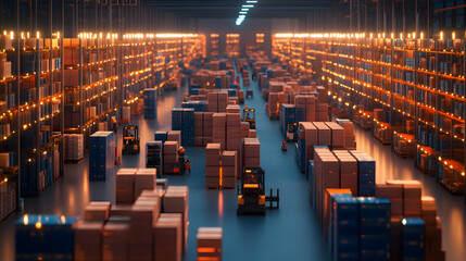 A bustling logistics warehouse with workers using forklifts to organize pallets of cargo. High shelves filled with neatly arranged goods stretch into the distance, while digital screens display