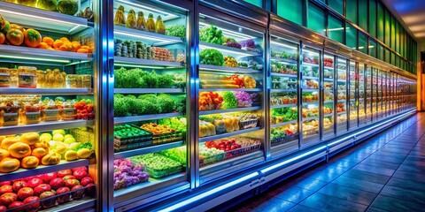 Fototapeta premium Surreal Supermarket Chillers: Brightly Lit Food Display, Glass Refrigerated Cases, Fresh Produce, Grocery Shopping
