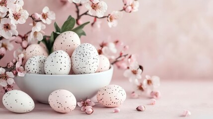 Fototapeta premium Pastel Easter eggs nestled in blossoms, a delicate springtime scene.