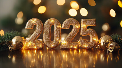 Golden digits with text  bokeh lights in the background. new year backdrop