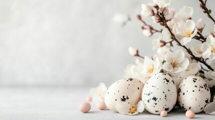Fototapeta premium Spring's gentle arrival: delicate blossoms and speckled Easter eggs.