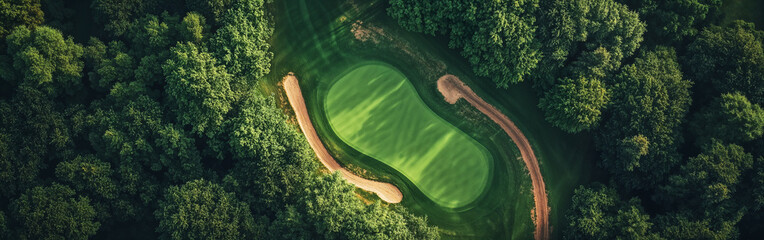 Aerial view of golf course surrounded by lush trees and greenery, showcasing vibrant green fairways and sand traps. serene landscape invites relaxation and enjoyment