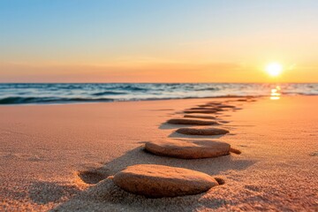 mindfulness and focus. A sunset walk on the beach, combining mindful steps and gratitude for life s natural beauty