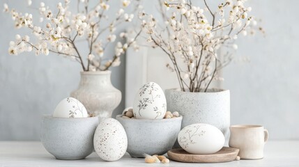 Elegant Easter eggs nestled in bowls, adorned with delicate floral designs.  Serene spring ambiance.
