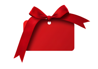 Red gift tag with ribbon and bow isolated on a transparent background, a red rectangular sticker for a New Year sale banner template. Flat lay. Isolated on a transparent background. Mockup. PNG file