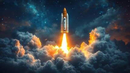 A rocket launching into space, surrounded by clouds and vibrant flames, symbolizing exploration and innovation.