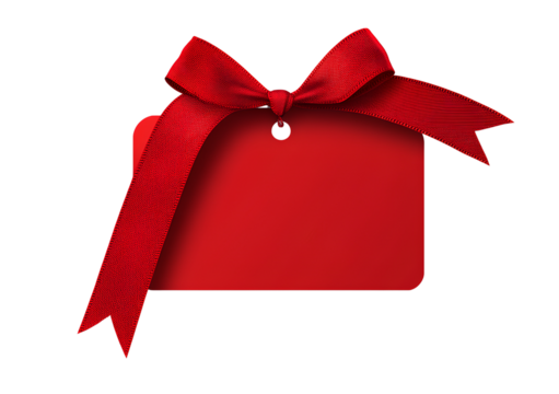 Red gift tag with ribbon and bow isolated on a transparent background, a red rectangular sticker for a New Year sale banner template. Flat lay. Isolated on a transparent  background. Mockup. PNG file 