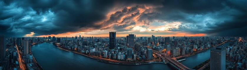 Fototapeta premium A city skyline with a river running through it