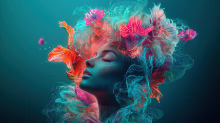 vibrant digital portrait of woman surrounded by colorful flowers and abstract smoke, evoking sense of tranquility and beauty