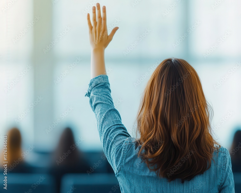 Poster online learning and e-learning. a serene image of a student raising their hand in a glowing virtual 