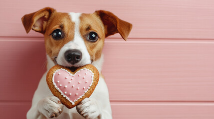 Dog and valentine day concept. cute dog holding heart shaped cookie with pink icing in its mouth