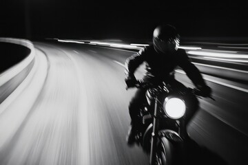 . A motorcyclist on a solo journey, speeding along an empty highway, the wind in their hair and the road ahead clear.