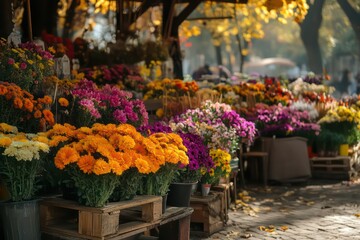 . A picturesque scene of a fresh flower stall with colorful autumn blooms like marigolds, mums, and asters, creating a warm, inviting atmosphere.