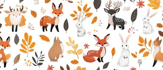 Colorful forest animals among autumn leaves.