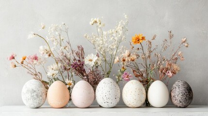 Elegant Easter eggs nestled amongst dried flowers, creating a serene spring scene.