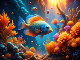 Obraz premium Surreal Underwater Adventure: Vibrant Fish in a Dreamlike Ocean