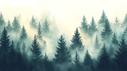 Fototapeta premium Misty forest with silhouette of evergreen trees.