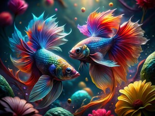 Fototapeta premium Surreal Underwater Betta Fish Battle: Aquatic Duel in a Dreamlike World