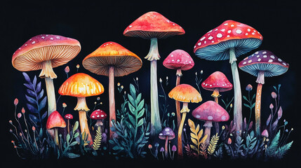Fototapeta premium Colorful mushroom cluster in forest, the artwork of depicting various mushroom species, colorful high textured background.