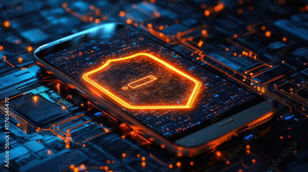 Poster smartphone with a glowing shield hovering above it, showing encrypted messages and secured data